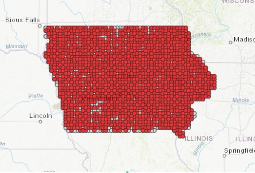 Map of Iowa covered in red dots indicating data points or locations, surrounded by neighboring states.