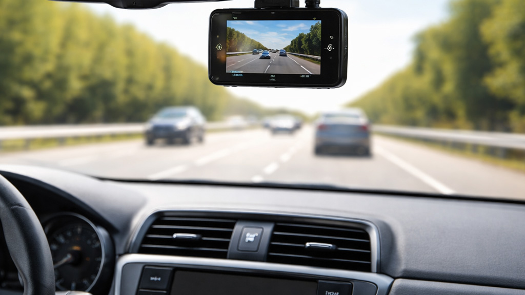 Car dashboard with dashcam recording a highway view with cars driving.