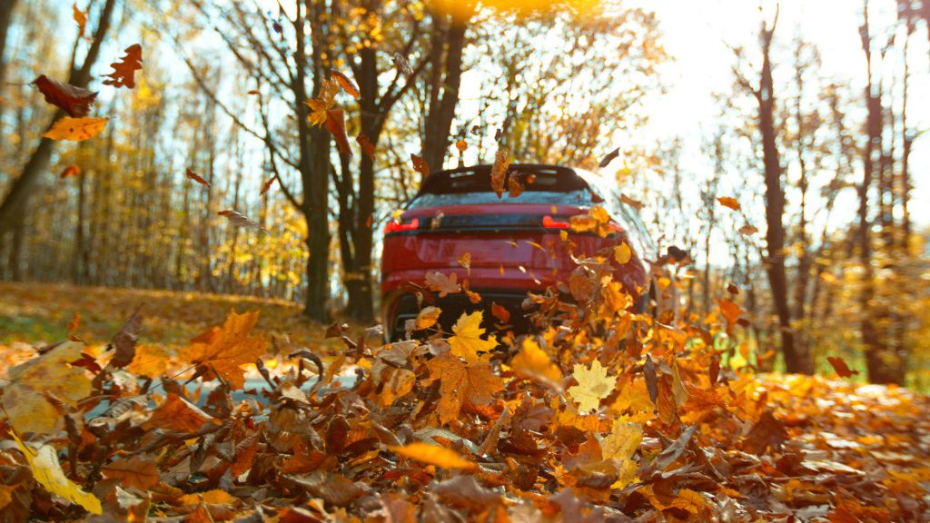 Red SUV driving through autumn forest, leaves swirling in the air.